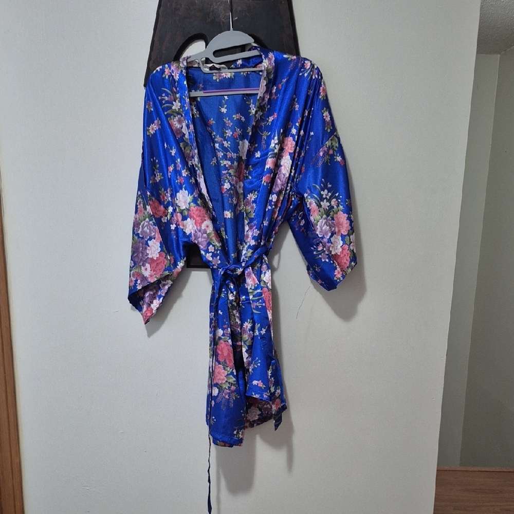Blue Floral Satin Kimono Robe